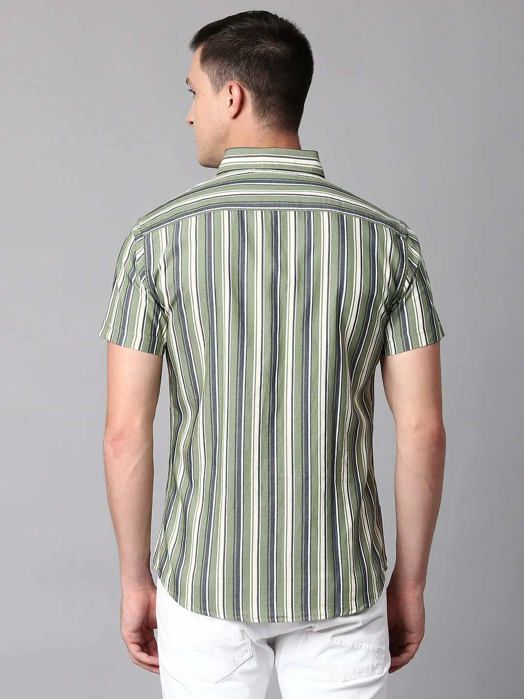 Men's Striped Green Slim Fit Casual Shirt With Spread Collar