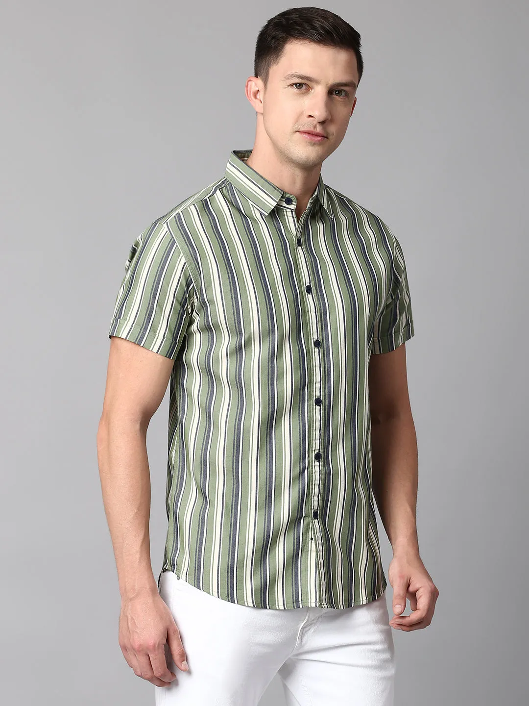 Men's Striped Green Slim Fit Casual Shirt With Spread Collar