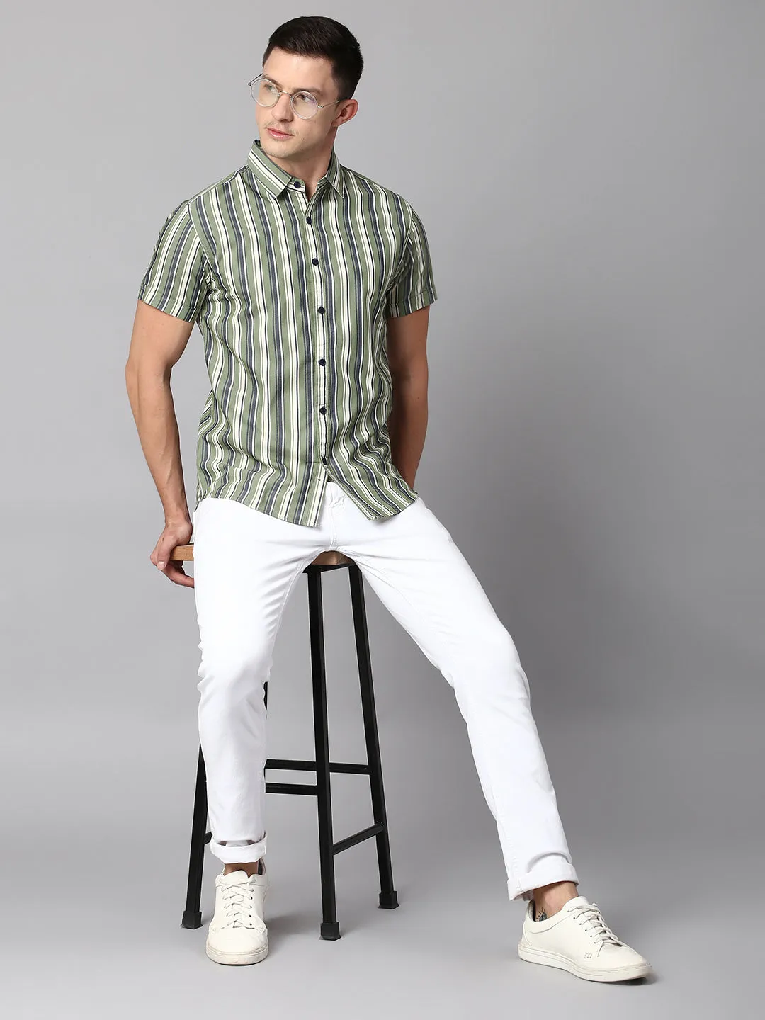 Men's Striped Green Slim Fit Casual Shirt With Spread Collar