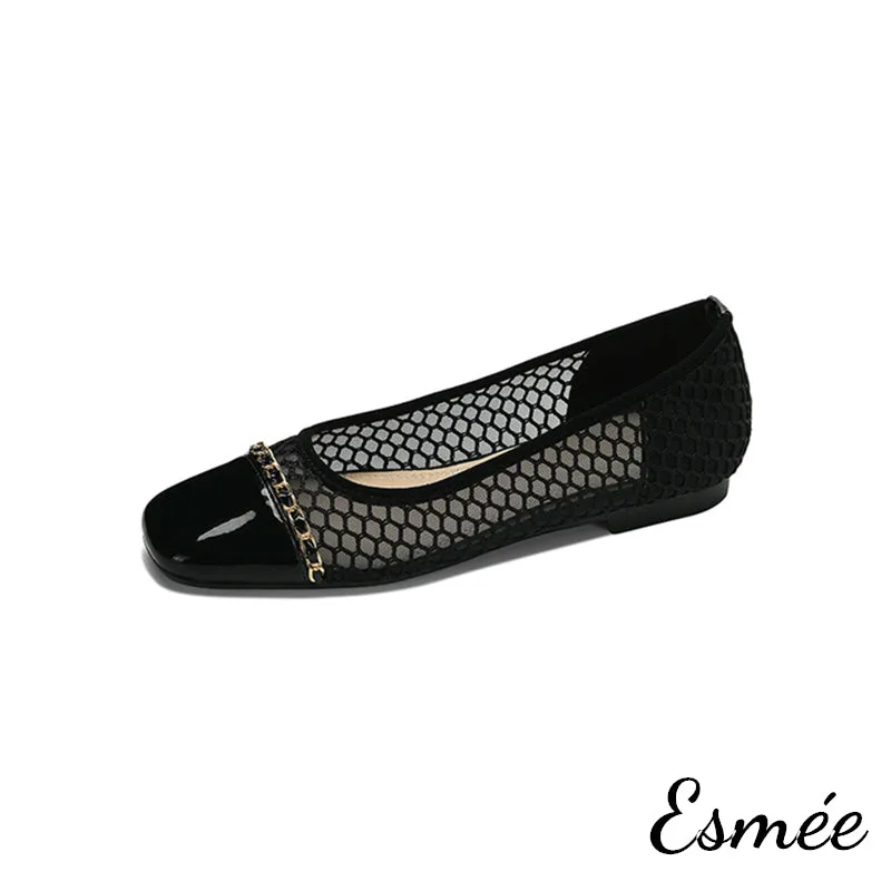 Net Fabrics Flats with Patent Leather Toe Cap and Chain Design