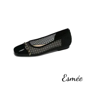 Net Fabrics Flats with Patent Leather Toe Cap and Chain Design
