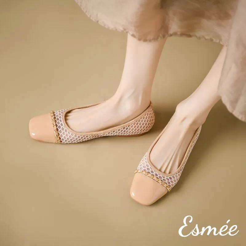Net Fabrics Flats with Patent Leather Toe Cap and Chain Design