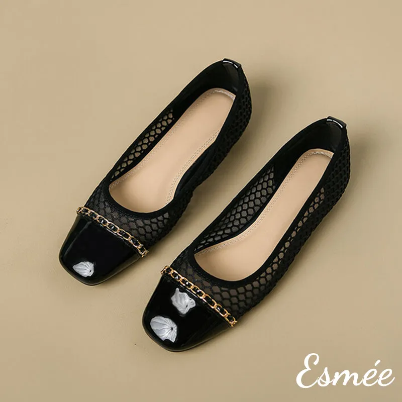 Net Fabrics Flats with Patent Leather Toe Cap and Chain Design