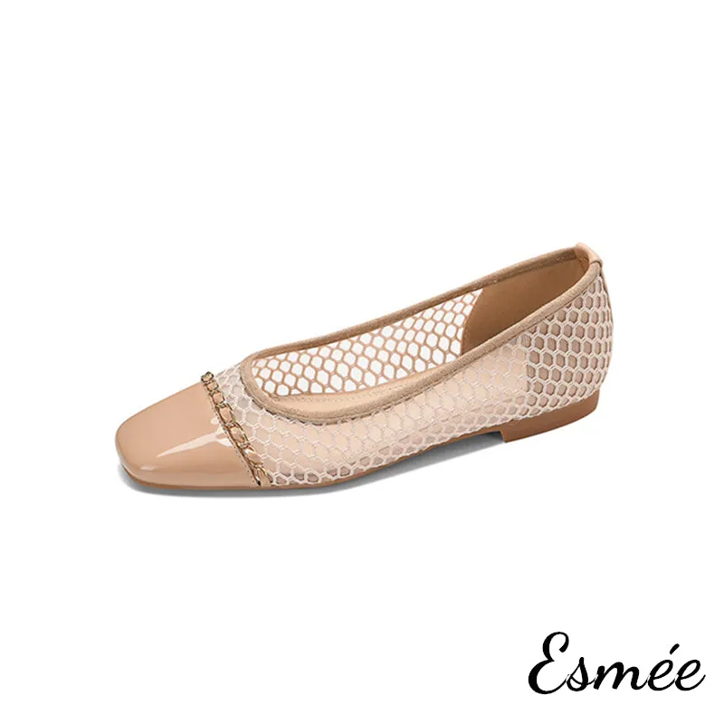 Net Fabrics Flats with Patent Leather Toe Cap and Chain Design