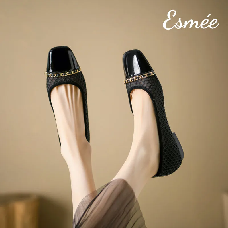 Net Fabrics Flats with Patent Leather Toe Cap and Chain Design
