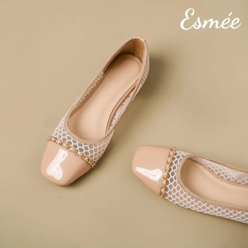 Net Fabrics Flats with Patent Leather Toe Cap and Chain Design