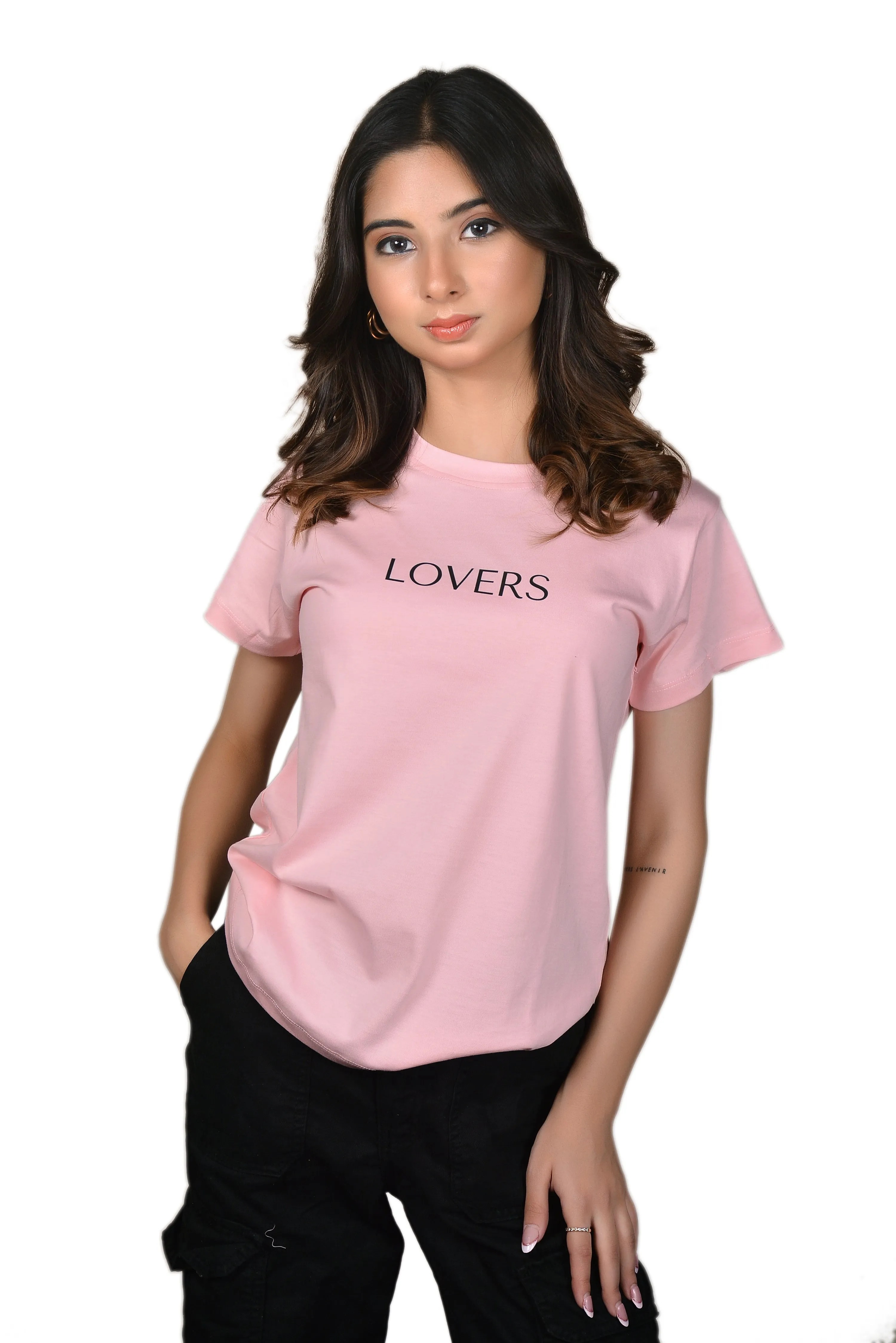 Women's Baby Pink Lovers Graphic Printed Classic Fit Tshirt
