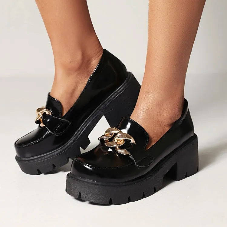Women's Round Toe Metal Chains Shallow Block Chunky Heel Platform Loafers