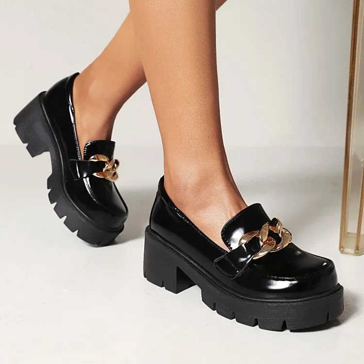 Women's Round Toe Metal Chains Shallow Block Chunky Heel Platform Loafers