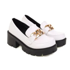 Women's Round Toe Metal Chains Shallow Block Chunky Heel Platform Loafers