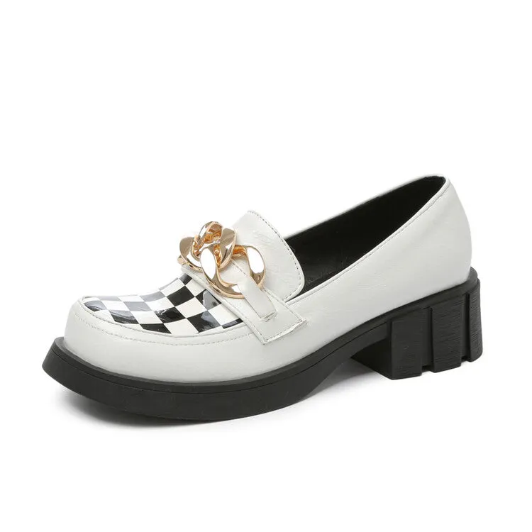 Women's Square Toe Bicolor Chains Block Heel Loafers
