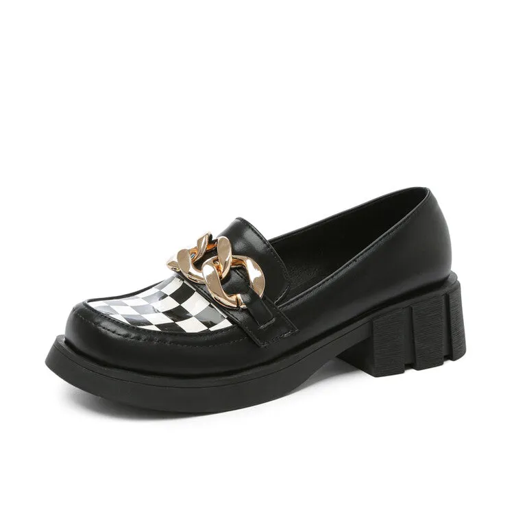 Women's Square Toe Bicolor Chains Block Heel Loafers