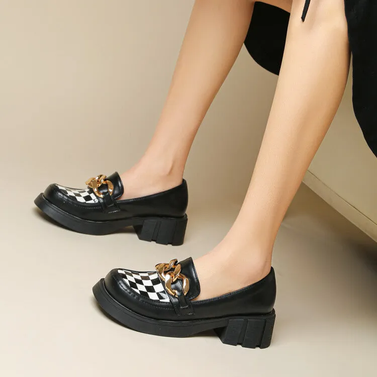 Women's Square Toe Bicolor Chains Block Heel Loafers