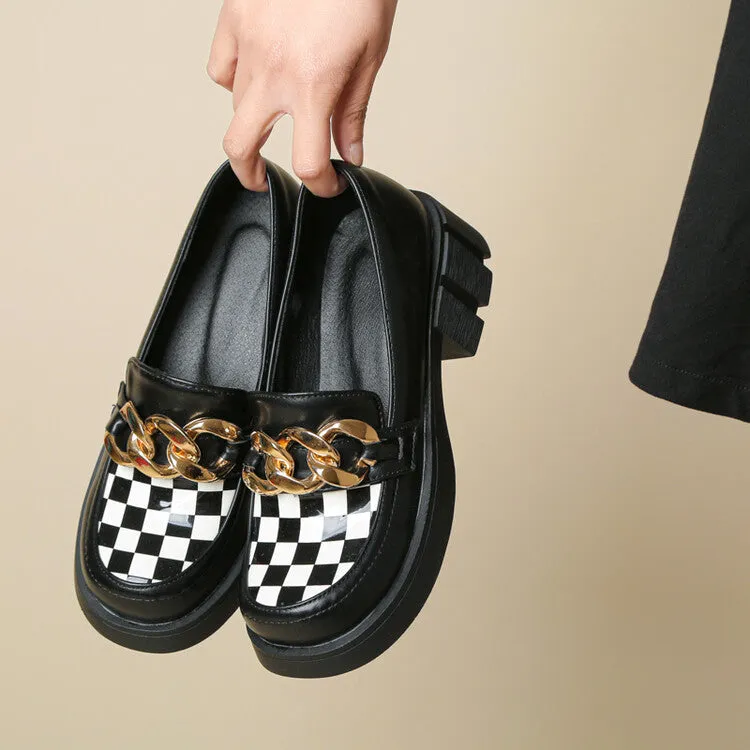 Women's Square Toe Bicolor Chains Block Heel Loafers